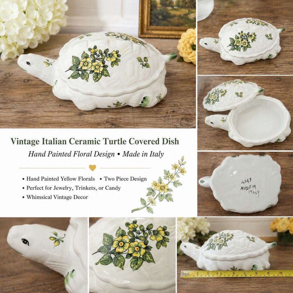 Vintage Ceramic Turtle Covered Dish-Hand Painted Floral Trinket Box Cottage core - Picture 2 of 12
